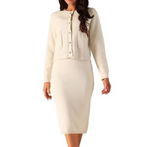 Two Piece Winter Button Down Cardigan Midi Skirts Casual Lounge Set Beige